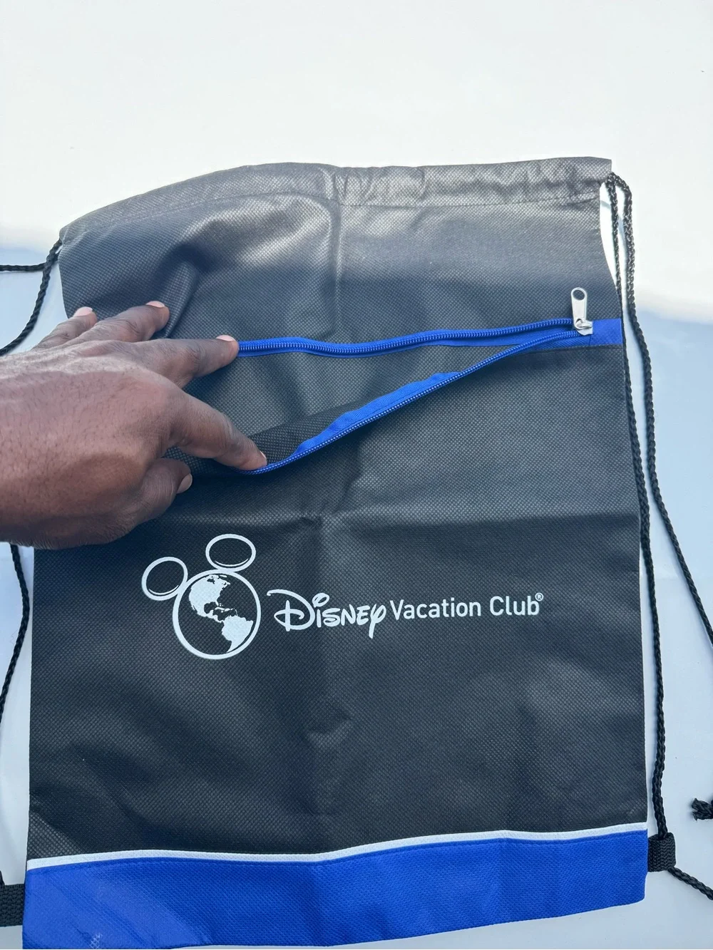 Disney Vacation Club Black & Blue Drawstring Backpack With Zipper in front - New